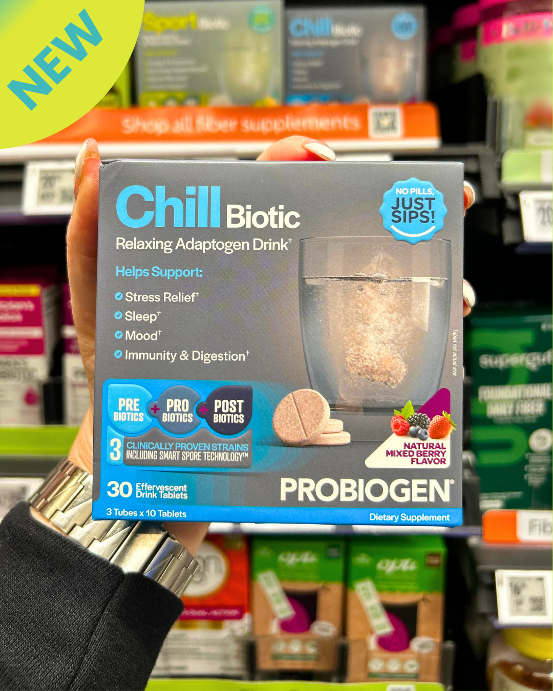 Probiogen Chill Biotic supplement packaging held in a Walmart aisle.